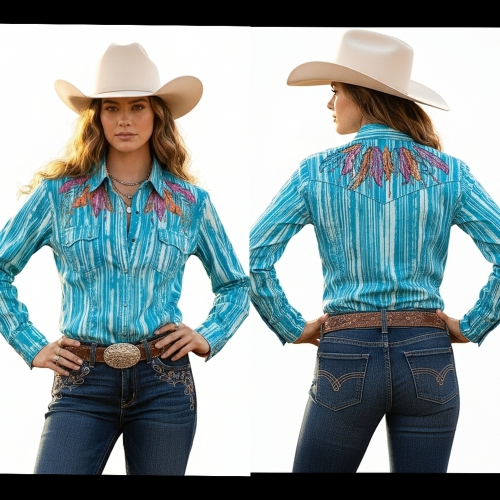 Rock & Roll Cowgirl Teal Southwestern Geometric Pearl Snap Western Blouse Small